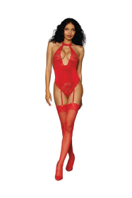 (D)STRETCH LACE & VELVET GART TEDDY LIPSTICK RED O/S