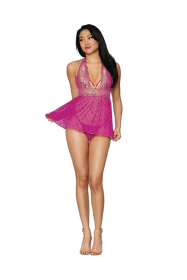 (WD) GOLD FOIL LACE & HEART ME BABYDOLL SET AZALEA/GOLD O/S
