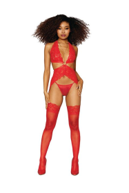 (D) LACE GARTER SLIP SET W/ GO HARDWARE LIPSTICK RED O/S