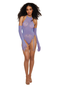 (D) SEAMLESS GARTER TEDDY W/ G GLOVE SET WISTERIA O/S