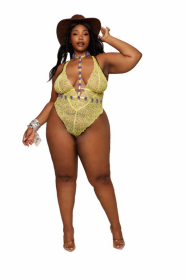 (D) STRETCH LACE TEDDY & ORGAN ROSETTE HARNESS SET CITRUS Q/S