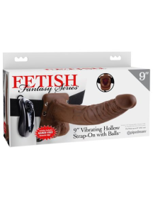 FETISH FANTASY 9 VIBRATING HOLLOW STRAP ON W/BALLS BROWN "