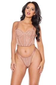 Poppin' Bubbly Cropped Bustier & Thong (Color: Rose Gold, size: l)